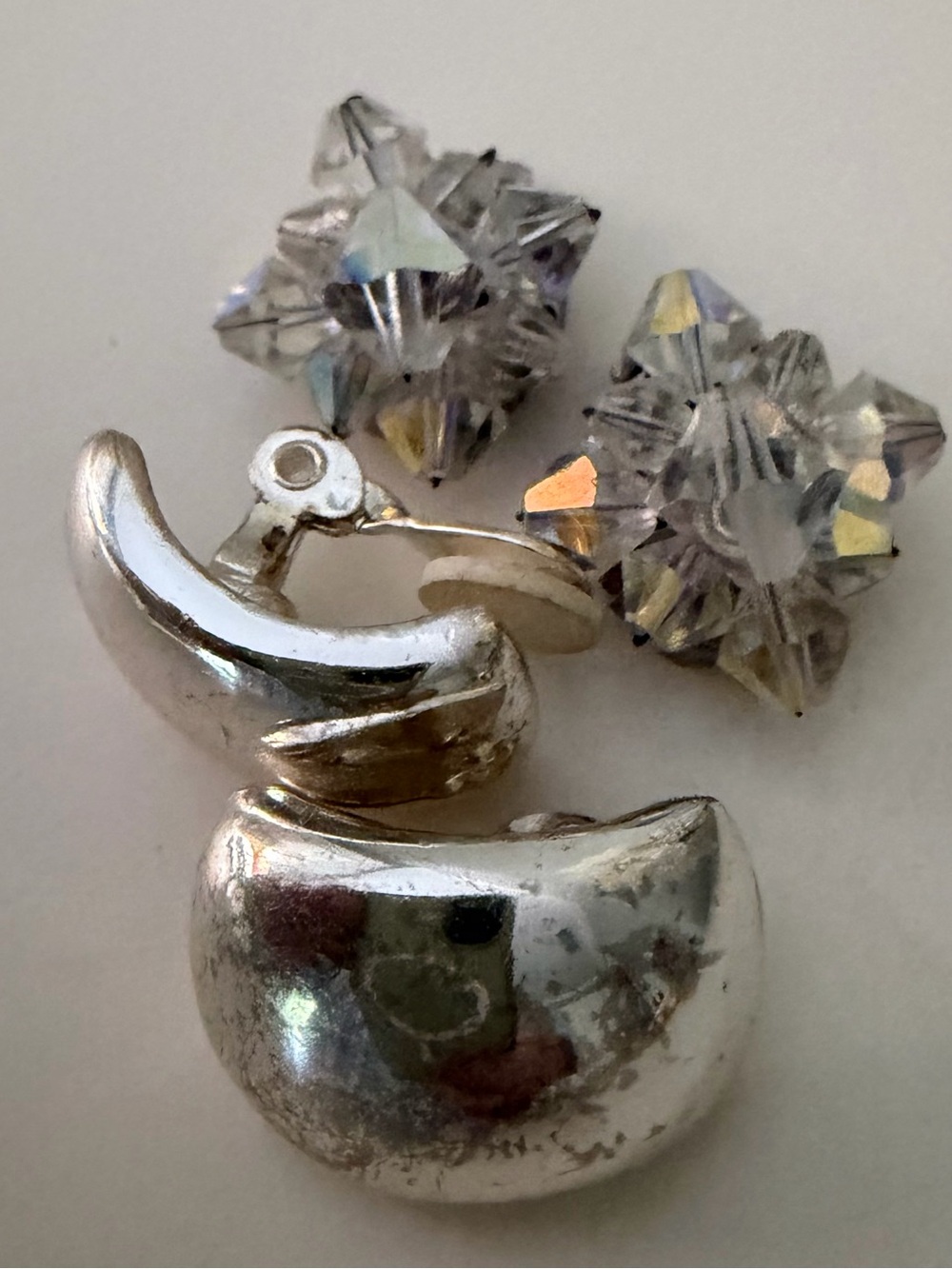 TWO Pair of  Clip-on Earrings  Crystal & Large  Silver Huggies